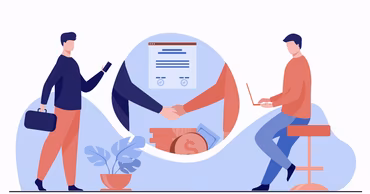 Flat vector illustration of people signing a contract and handling money.