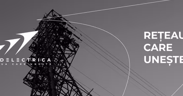 A high-voltage electricity pylon with the Moldelectrica logo and slogan.