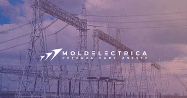 High-voltage power lines and electrical infrastructure with the Moldelectrica logo.