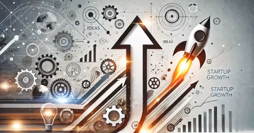 A conceptual illustration showing a rocket launching with upward arrows and gears representing startup growth.