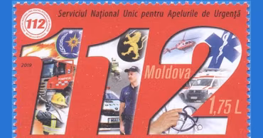 A Moldovan postage stamp featuring the 112 emergency service logo and emergency response imagery.