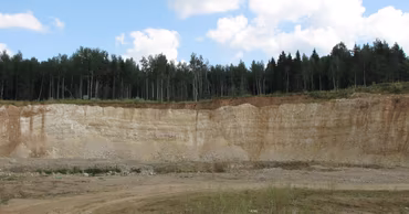 A large open-pit mine or quarry with a forest in the background.