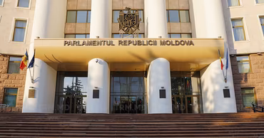 The main entrance of the Parliament building of the Republic of Moldova in Chisinau.