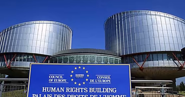 The European Court of Human Rights building in Strasbourg with its official sign.