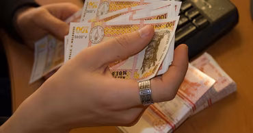 A person holding a stack of Moldovan Leu banknotes.