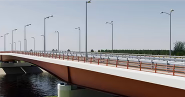 A 3D architectural rendering of a modern bridge over a river.