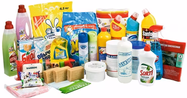A collection of various household cleaning products and chemicals arranged on a white background.