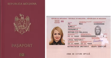 A Moldovan passport cover and an open passport page showing personal data fields.
