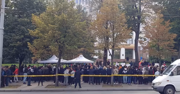 A crowd of protesters gathered in front of the Parliament building in Chisinau, Moldova.