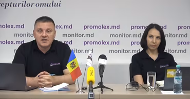 Promo-LEX representatives speaking at a press conference with microphones and the Moldovan flag.