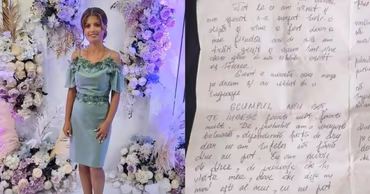 A split image showing Lyudmila Vartik in a dress and a handwritten letter in Romanian.