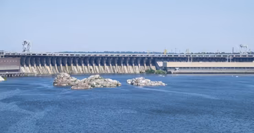 A view of the Dniester hydroelectric power station dam and reservoir.
