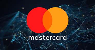 Mastercard logo on a digital background representing technology and artificial intelligence.