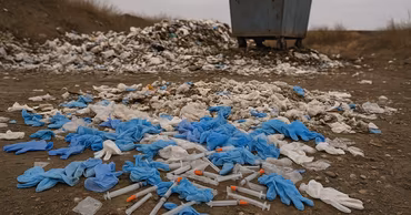 Medical waste including syringes and gloves scattered on the ground at a dump site.