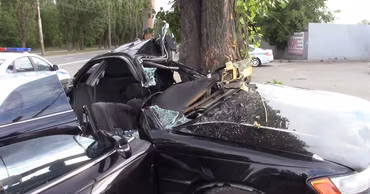 A black car severely damaged after colliding with a tree, with police cars nearby.