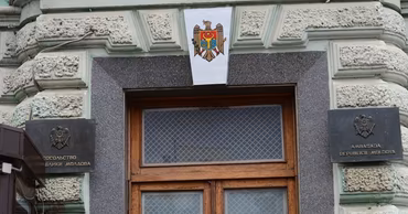 The entrance to the Embassy of the Republic of Moldova with its official emblem.