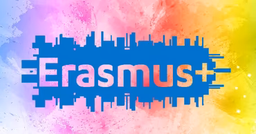The Erasmus+ logo displayed against a colorful, abstract watercolor background.