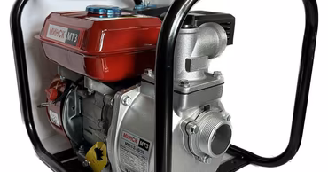 A portable gasoline-powered water pump in a black metal frame.