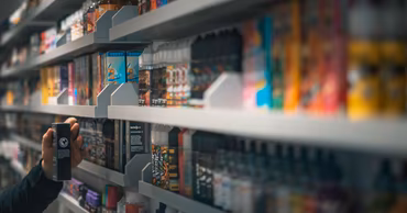 A person selecting a vape product from a store shelf filled with various e-liquids.