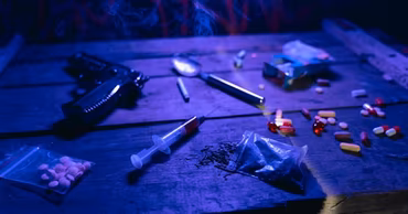 A wooden table with various drugs, a syringe, and a handgun under blue lighting.