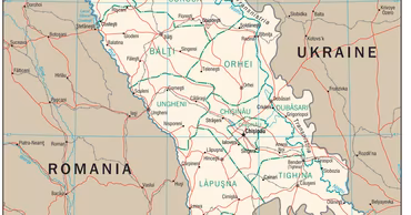 A detailed political and geographical map of Moldova showing cities, roads, and borders.