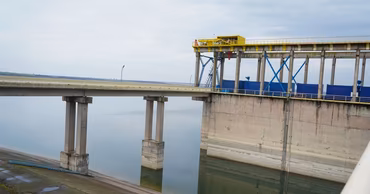 A view of the Costesti-Stanca dam and bridge over the Prut river in Moldova.