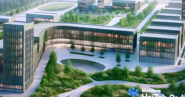 Architectural rendering of the proposed Moldova HiTech Park complex with modern buildings and green spaces.