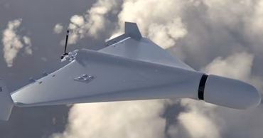 A 3D render of a Shahed-type kamikaze drone flying through the clouds.
