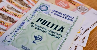 A Moldovan mandatory health insurance policy document surrounded by Moldovan leu banknotes.