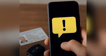 A hand holding a smartphone displaying an exclamation mark icon with a driver's license nearby.
