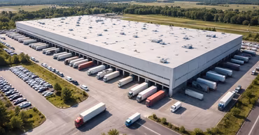 Aerial view of a large industrial warehouse facility with many trucks parked at loading docks.