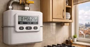 A digital gas meter installed on a kitchen wall next to a stove.