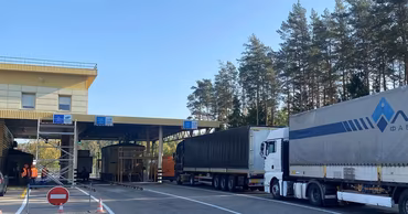 Trucks waiting at a border crossing point in Moldova.