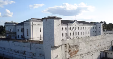 Exterior view of the Pruncul prison facility in Moldova.