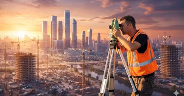 A surveyor using a theodolite overlooking a modern city construction site at sunset.