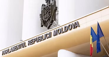 The facade of the Parliament of the Republic of Moldova building in Chisinau.