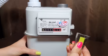 A person holding a magnet near a residential gas meter.