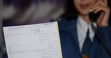 A Moldovan customs officer holding a customs declaration form while on the phone.