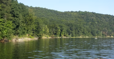 A view of the Dniester reservoir with forested banks and a small boat.
