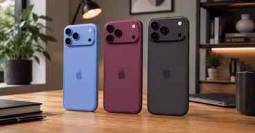Three modern smartphones with Apple logos standing on a wooden desk.