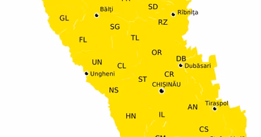 A yellow weather warning map of Moldova showing administrative districts.