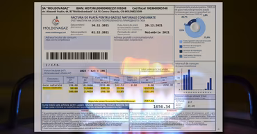 A Moldovagaz natural gas bill showing consumption details and government compensation applied.