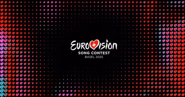 Official Eurovision Song Contest Basel 2025 logo on a background of red hearts.