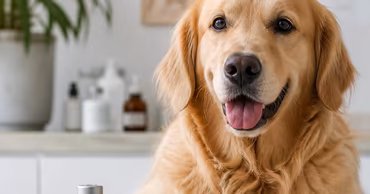 A golden retriever sitting next to a vaccine vial and a syringe.