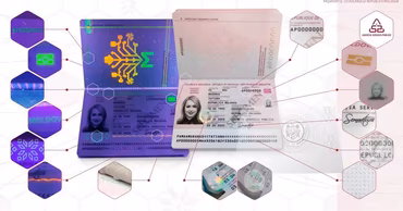 A detailed presentation of the new Moldovan passport design highlighting its various security elements.
