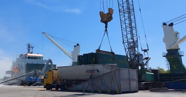A crane loading cargo at the Giurgiulesti port terminal in Moldova.