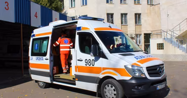 A Moldovan emergency medical services ambulance parked at a station.