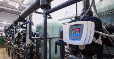 Industrial water filtration and treatment system with pipes and control panels.