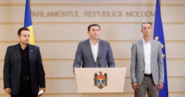 PAS party members giving a press conference at the Parliament of the Republic of Moldova.