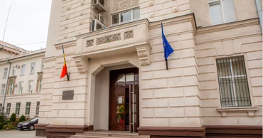 The entrance to the Buiucani court building in Chisinau, Moldova.